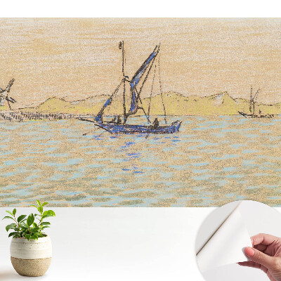 Öntapadós tapéta Pasztell tájképű szélmalom csónak
