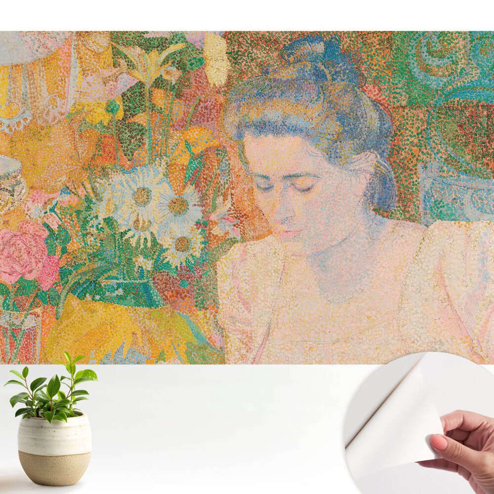 Öntapadós tapéta Egy virágokkal körülvett, gondolkodó nő