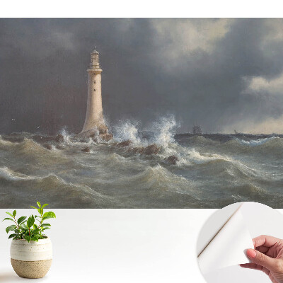 Öntapadós tapéta falra Viharos tenger, világítótorony, hajó a távolban