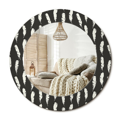 Kerek tükör dekoráció Fekete-fehér tollak
