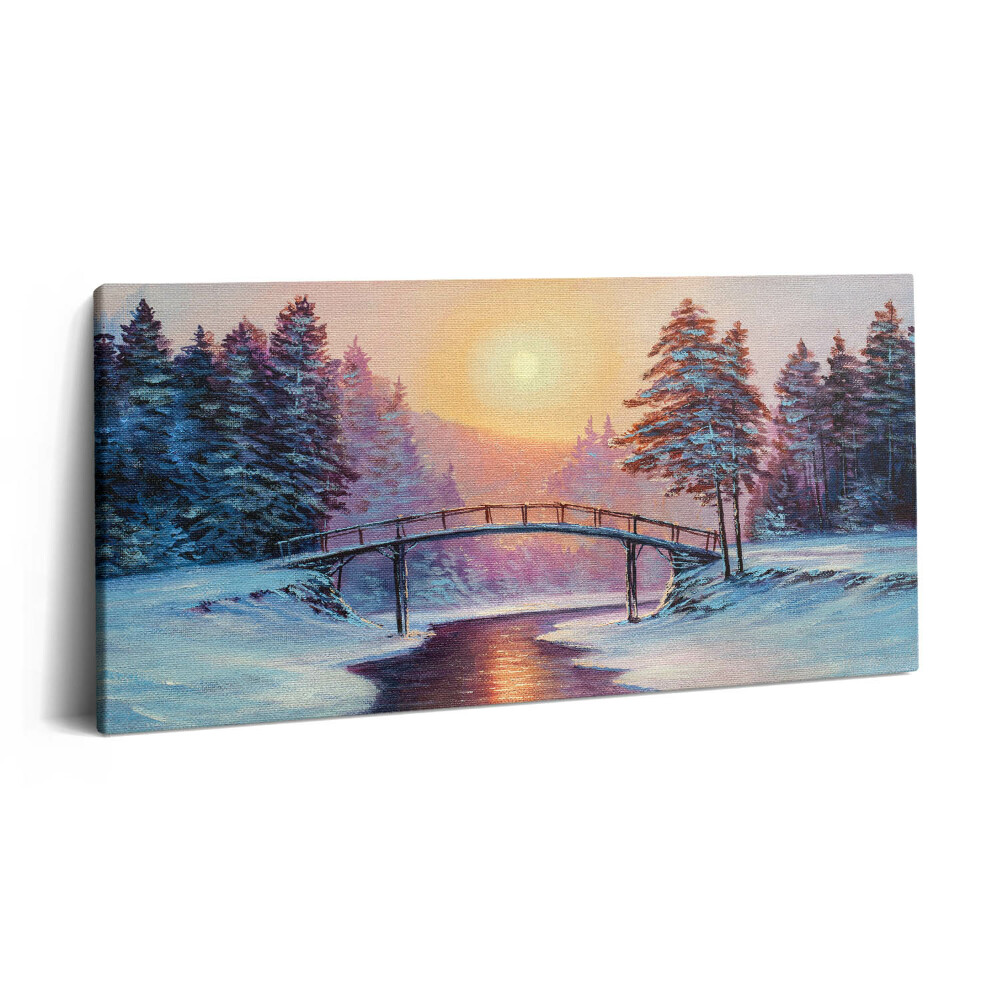 Vászonfotó 100x50 Festmény - híd a folyó felett és téli naplemente