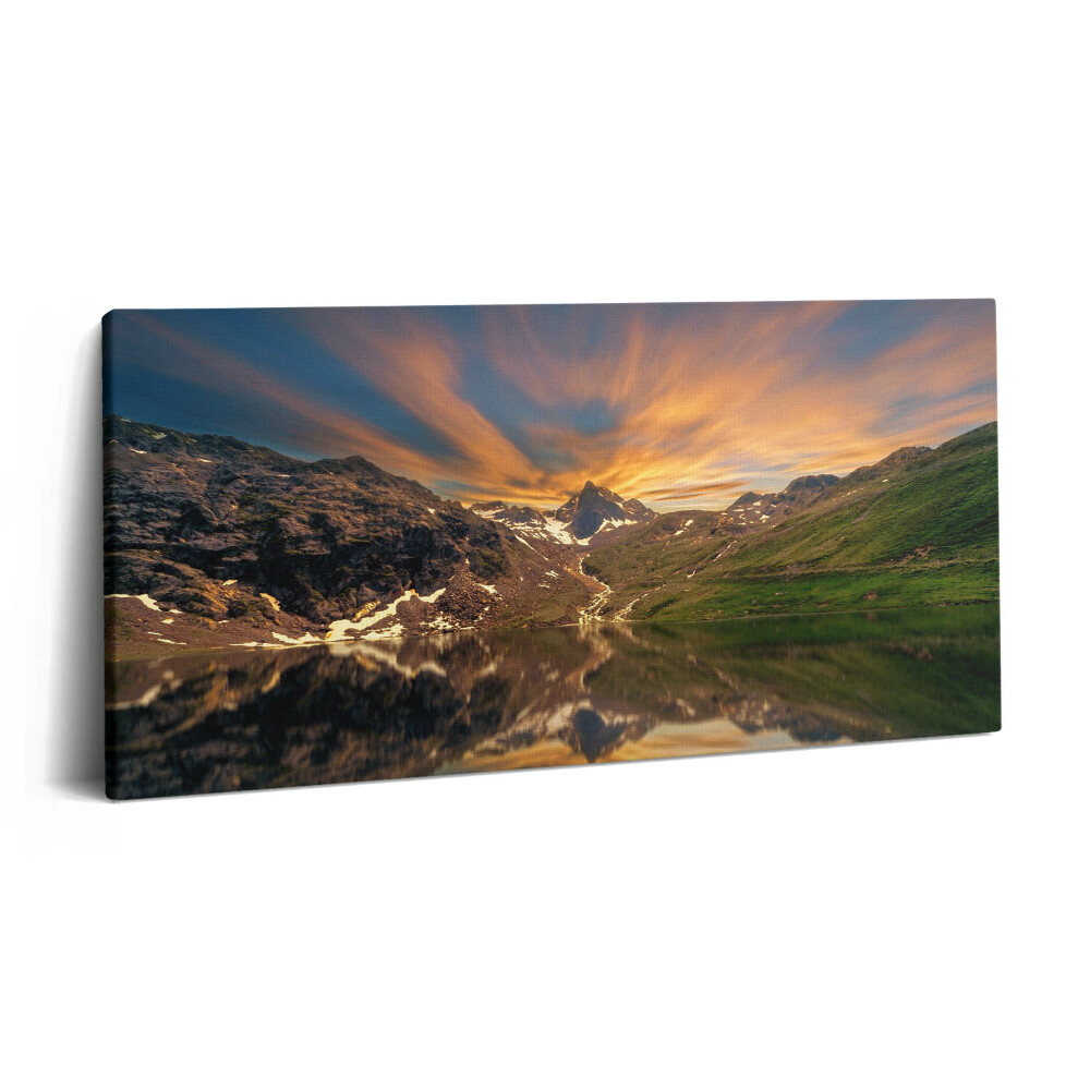 Vászonkép nyomtatás 120x60 Hegyi tó és naplemente