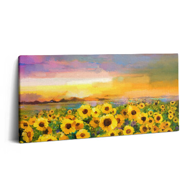 Vászonkép 140x70 Napraforgómező és naplemente