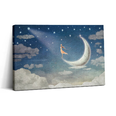 Vászonkép nyomtatás 30x20 Lány a holdon és az éjszakai égbolton