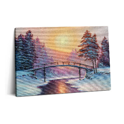 Canvas kép 60x40 Festmény - híd a folyó felett és téli naplemente