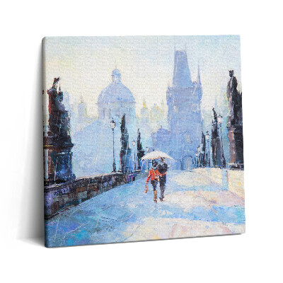 Vászonkép 60x60 Olajfestmény - szerelmes pár egy esernyő alatt