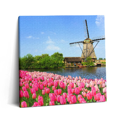 Vászonkép 60x60 Holland szélmalom virágokkal