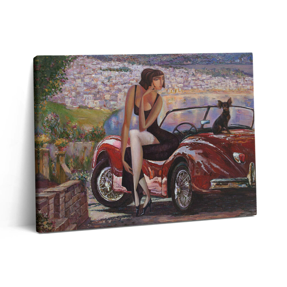 Vászonkép falra 80x60 Retro autó és nő kutyával az autóban