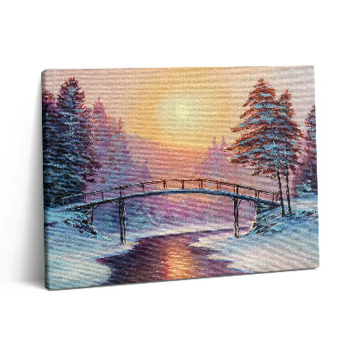 Vászonkép falra 80x60 Festmény - híd a folyó felett és téli naplemente