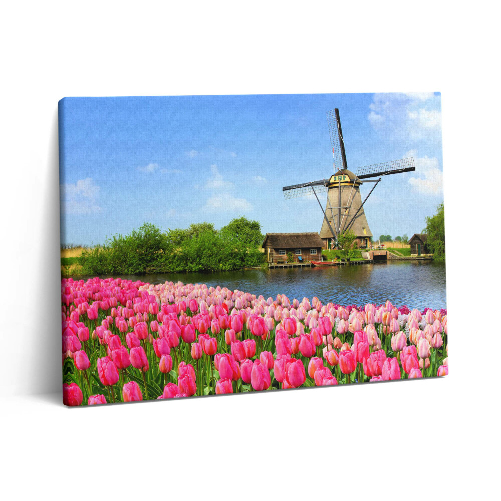 Vászonkép falra 80x60 Holland szélmalom virágokkal
