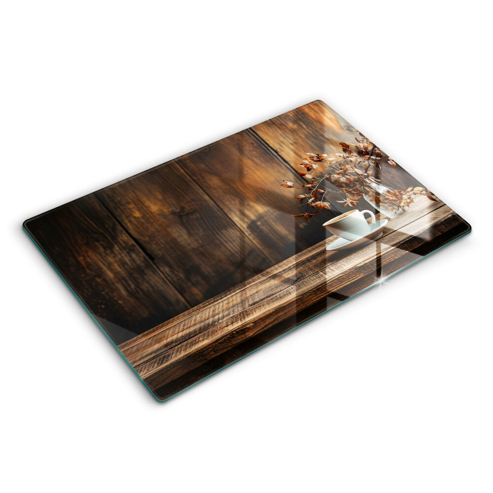 Üveg tűzhelyvédő 80x52 cm Kávéscsésze és fa