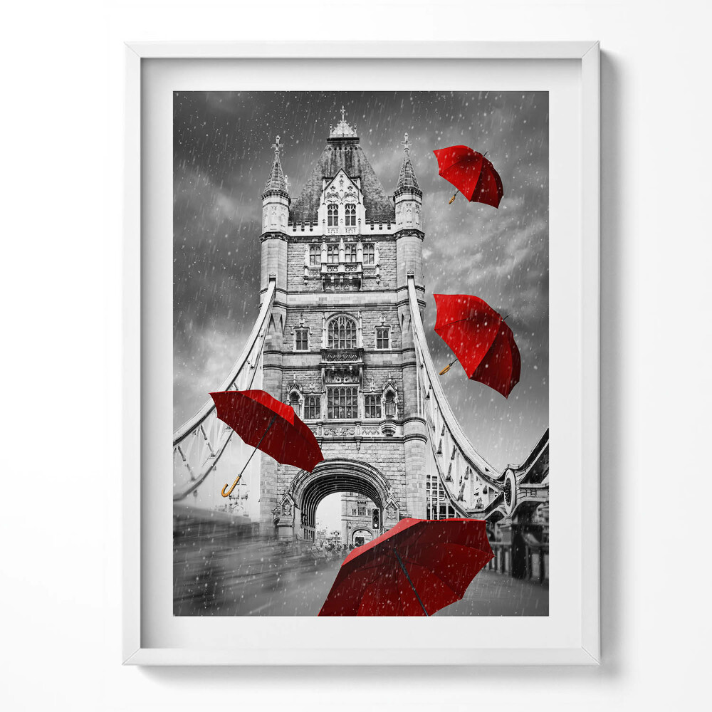 Kép keretben fekete esernyők egy hídon London