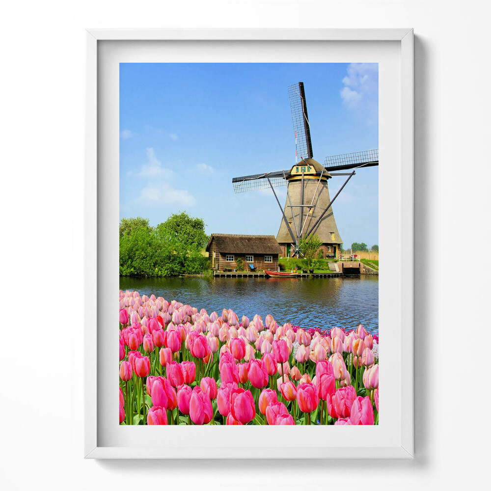 Keretezett kép Holland szélmalom virágokkal