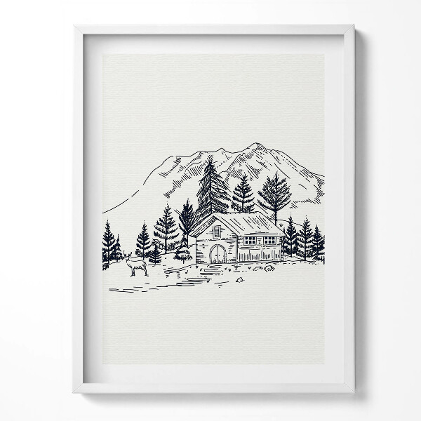 Keretezett kép Rajz egy házikóról a hegyekben