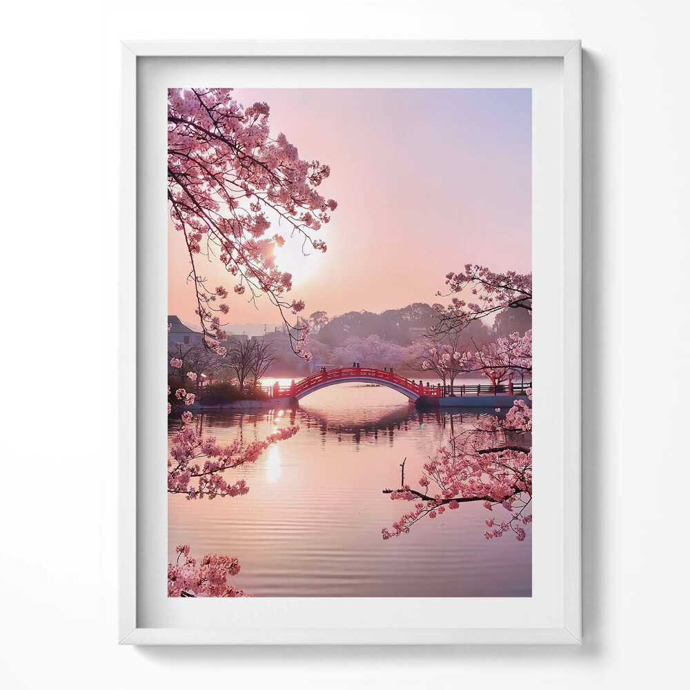 Kép keretben Cherry blossoms and bridge - Japán stílus