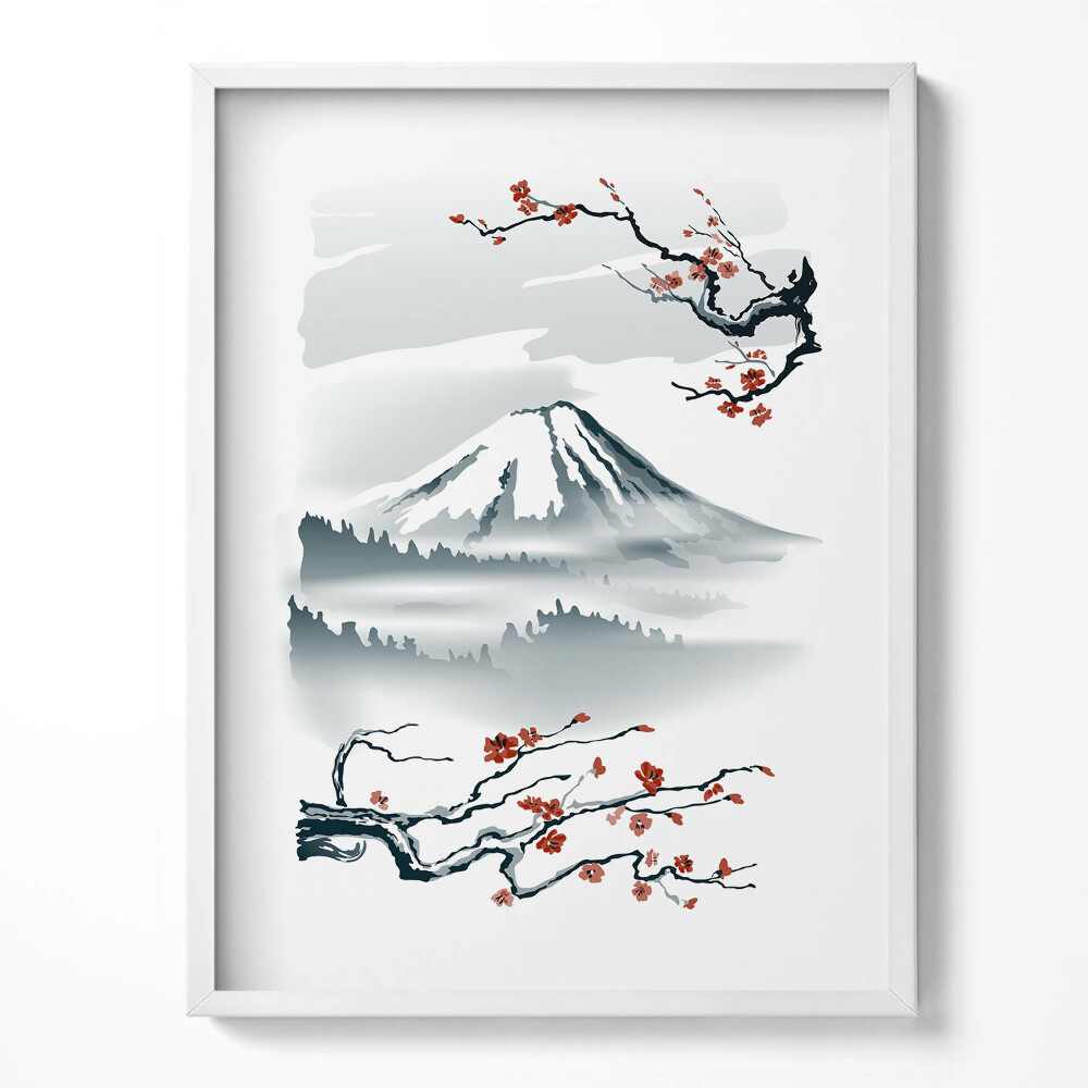 Keretezett kép Japán illusztráció a Fuji hegyről és cseresznyevirágok