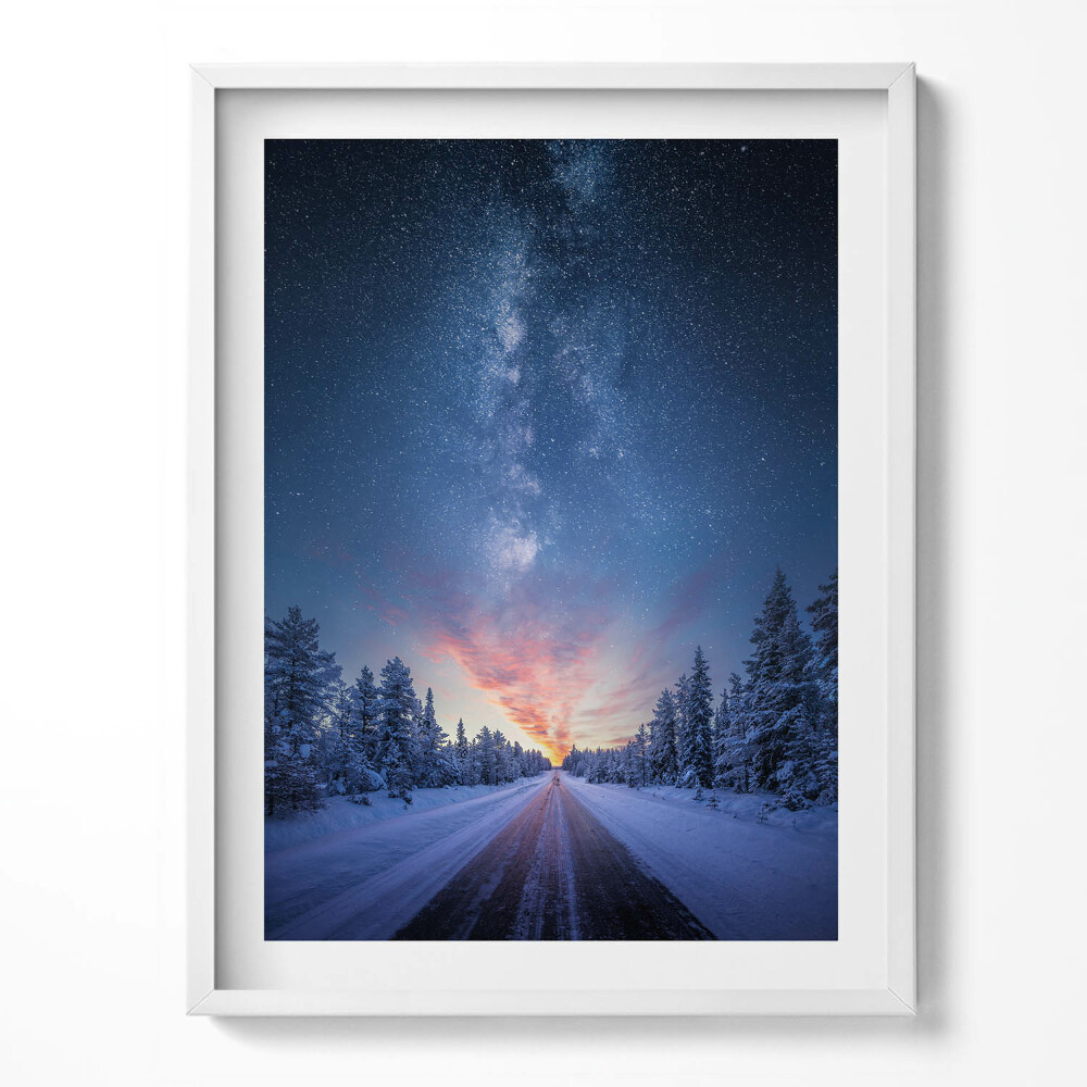 Keretezett kép Tájkép - Téli út és csillagos égbolt