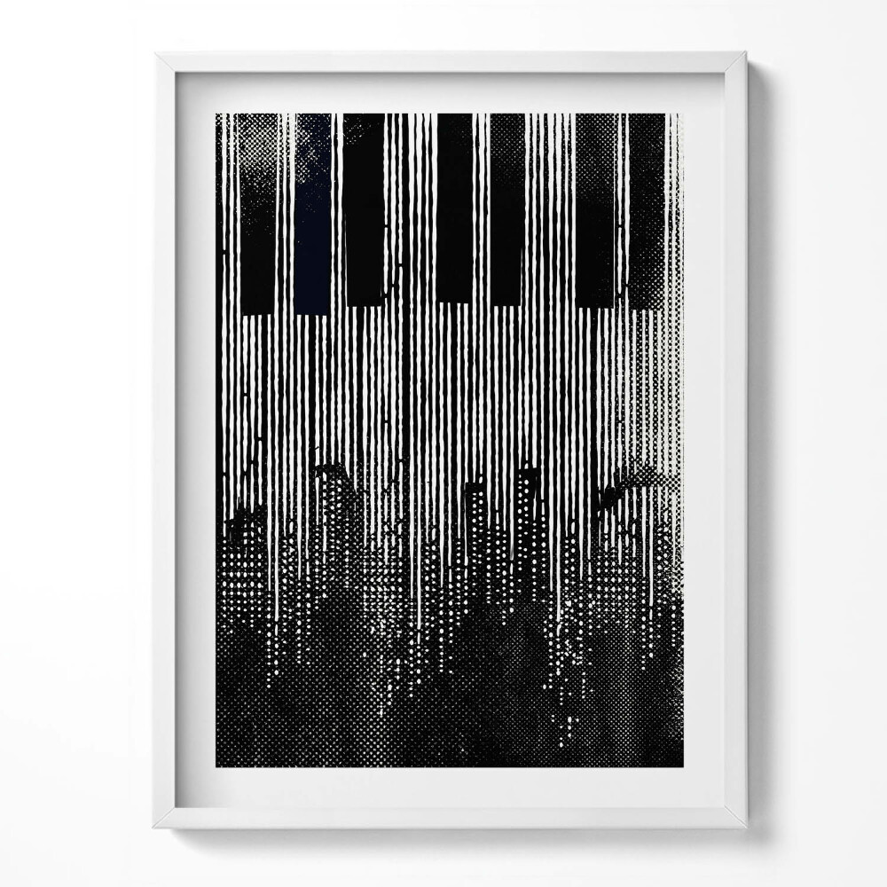 Keretezett kép Illusztráció egy zongoráról és egy városról