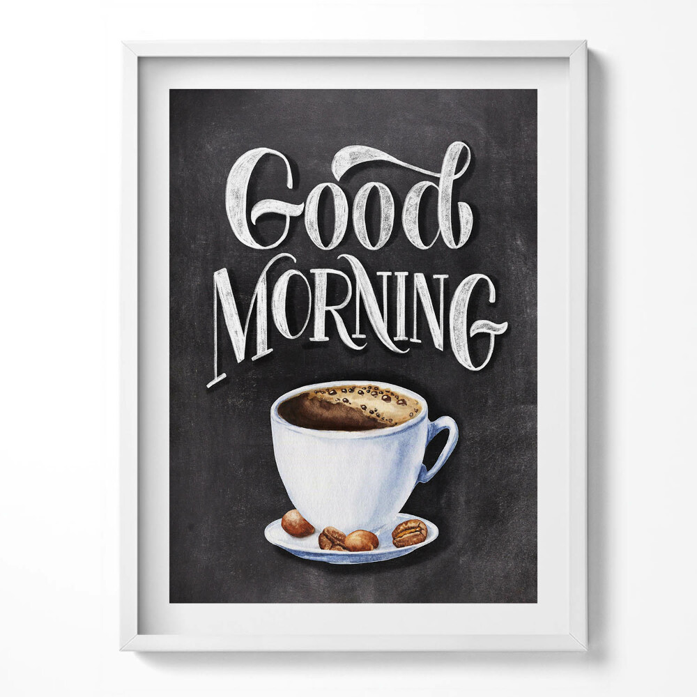 Kép keretben Felirat a konyhában "Jó reggelt" egy csésze kávéval