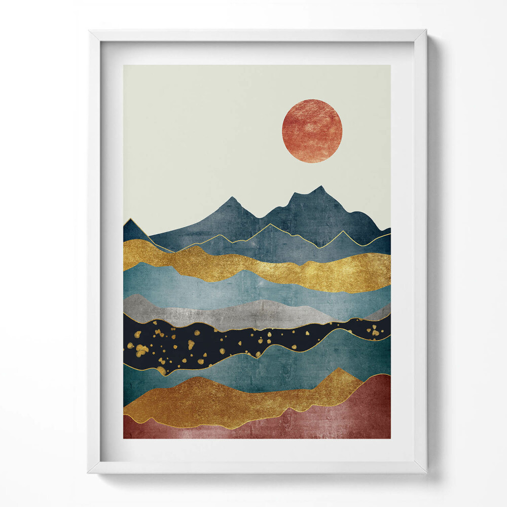 Kép keretben Absztrakt táj színes hegyek és nap