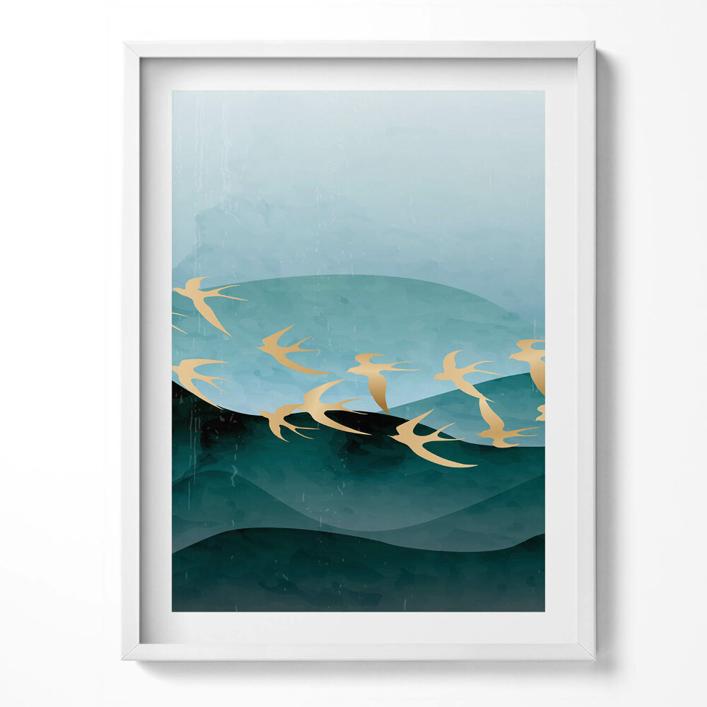 Keretezett kép Arany madarak illusztrációja az égen