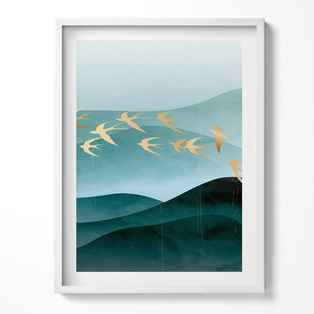 Keretezett kép Arany madarak illusztrációja az égen