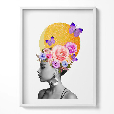 Kép keretben Női fej virágokkal és pillangókkal