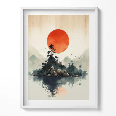 Kép keretben Japán illusztráció a napról a sziklák és fák felett