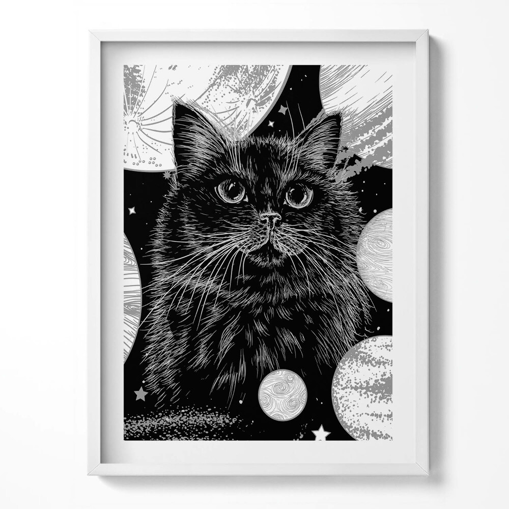 Kép keretben Varázslatos fekete macska és kozmosz