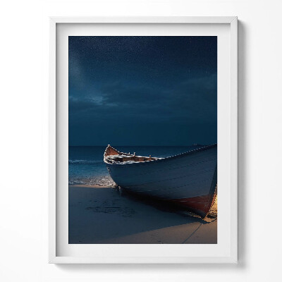 Kép keretben Csónak a tengerparton nyírfa éjszaka