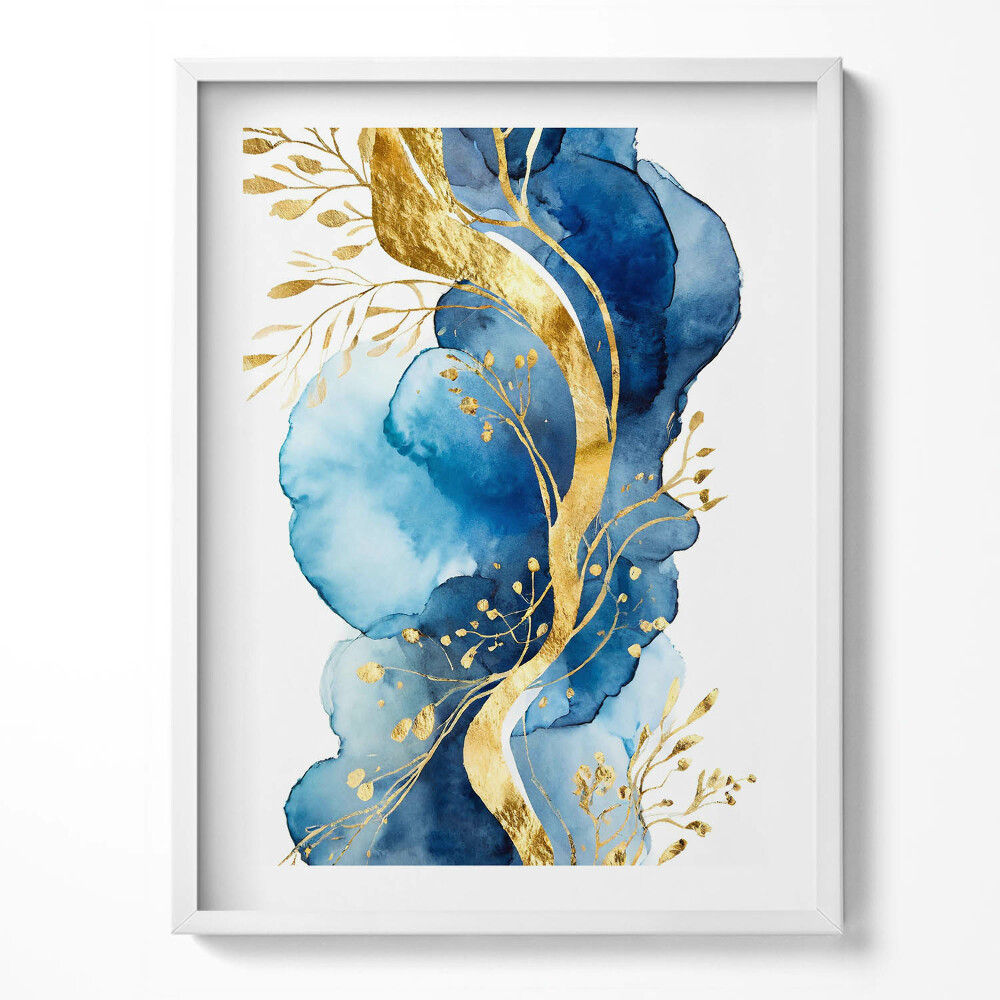 Kép keretben Absztrakt arany növények kék háttéren