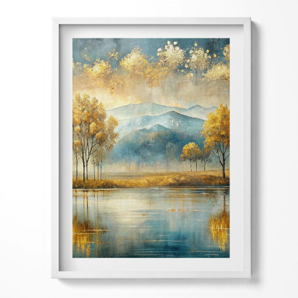 Keretezett kép Absztrakt tájkép aranyló fákról egy tó felett