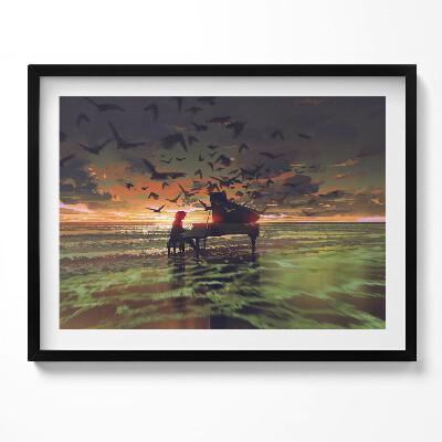 Kép keretben Zongorázó személy madarak naplemente