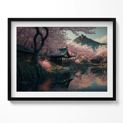 Kép keretben Tavaszi virágzás japán ház tó tükröződése