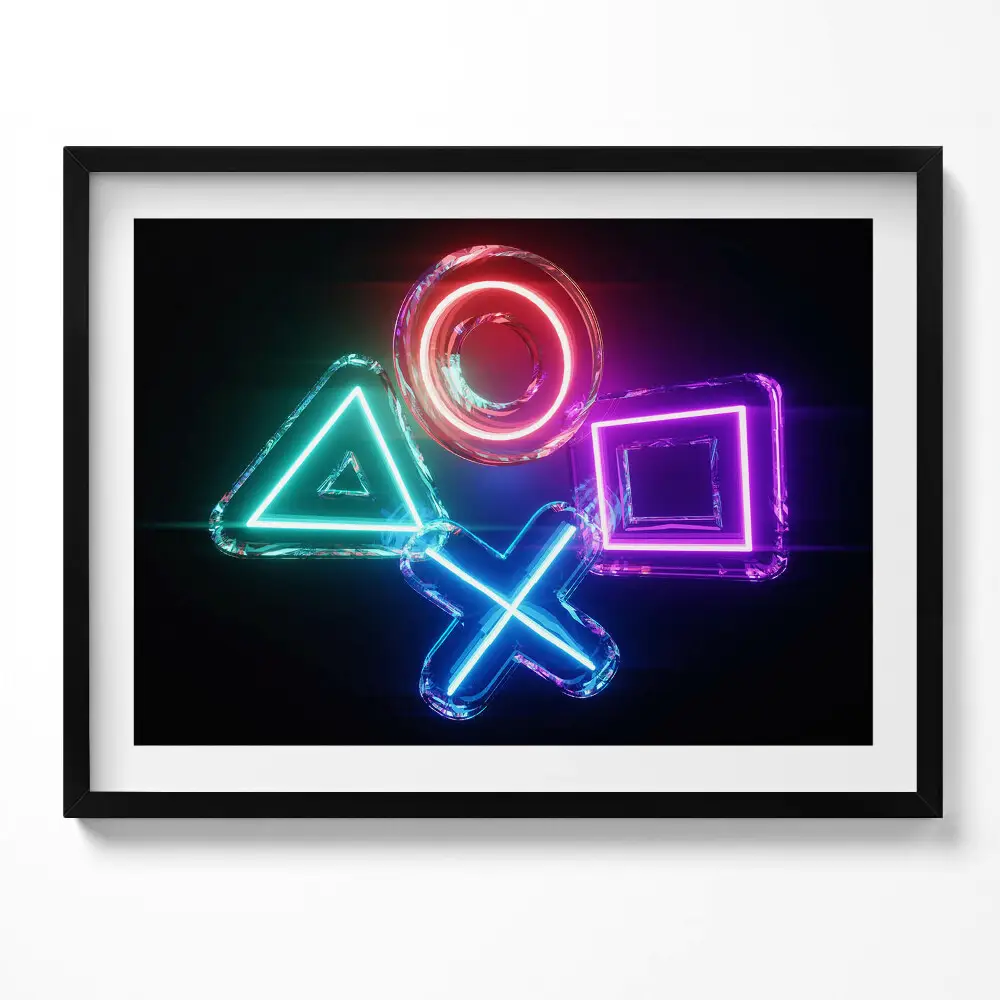 Kép keretben PlayStation ikonok neon stílusban