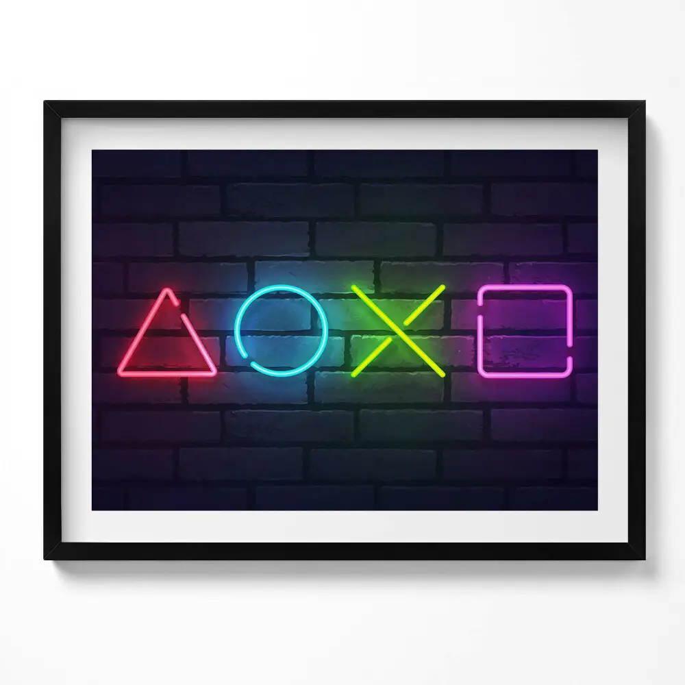 Kép keretben PlayStation ikonok neon stílusban