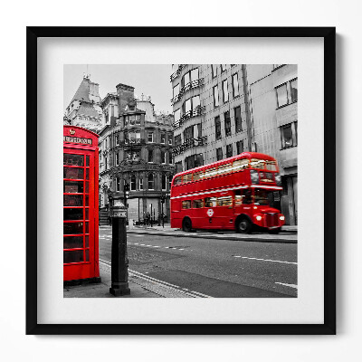Keretezett falikép Piros londoni busz városi környezetben