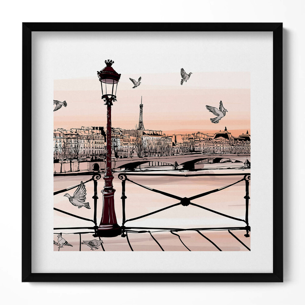 Keretezett falikép Párizsi táj Eiffel-torony madarak