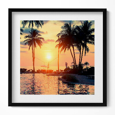Keretezett falikép Naplemente pálmafákkal és vízparttal