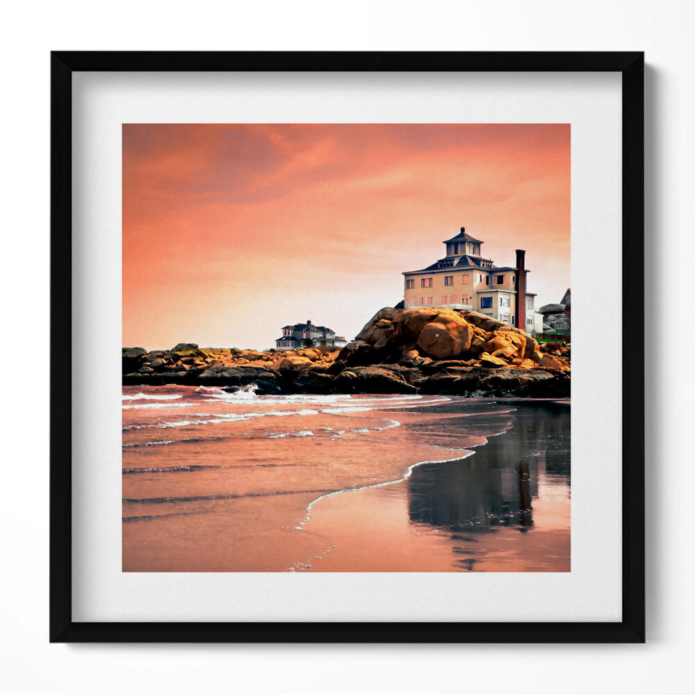 Keretezett falikép Tengerparti ház sziklákon