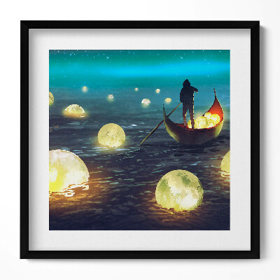 Keretezett falikép Férfi csónakban világító gömbökkel