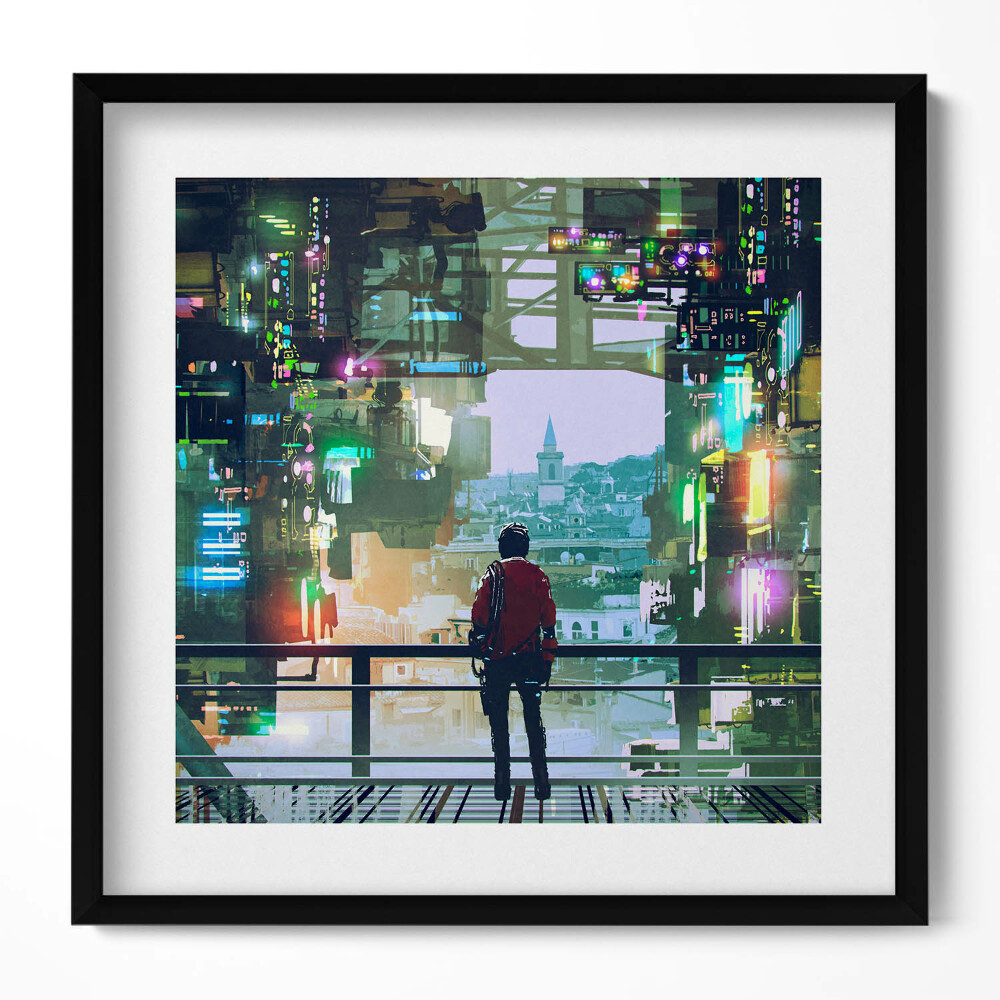 Keretezett falikép Futurista városi táj emberi sziluett