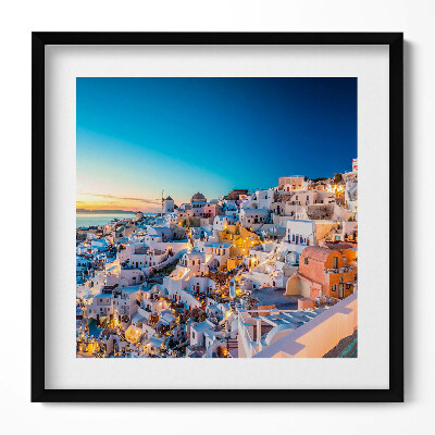 Keretezett falikép Fehér házak kék kupolák naplemente