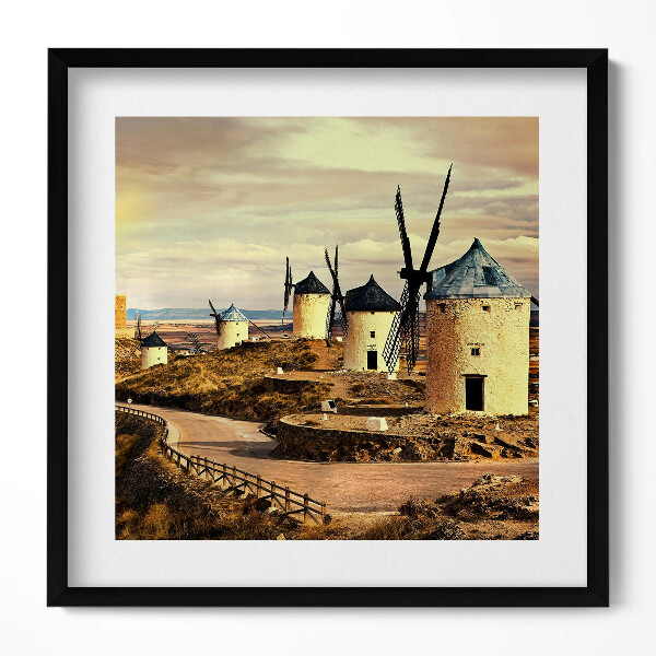 Keretezett falikép Szélmalmok vidéki tájban