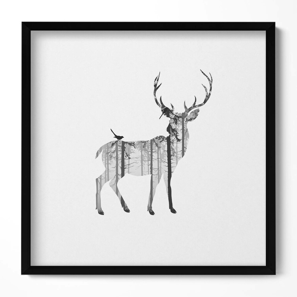 Keretezett falikép Szarvas és erdő sziluettje