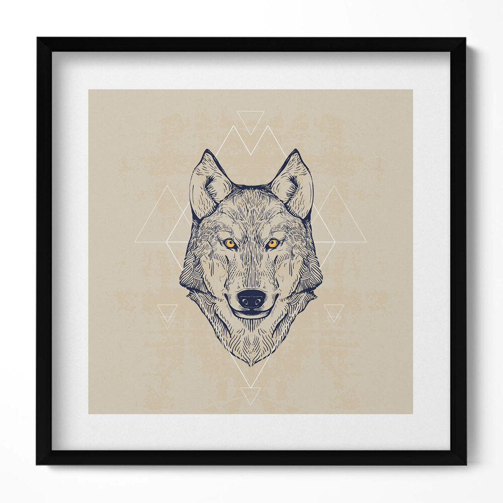 Keretezett falikép Farkasfej geometrikus háttérrel