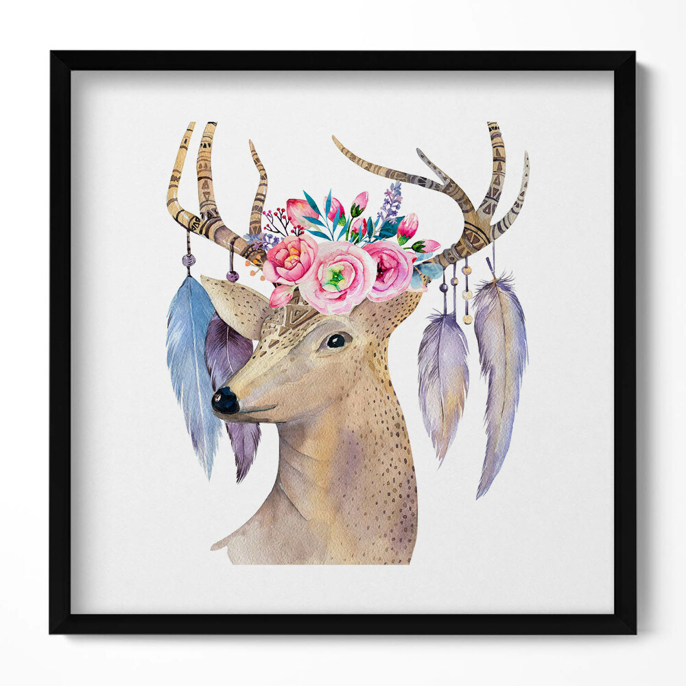 Keretezett falikép Szarvas virágkoszorúval és tollakkal