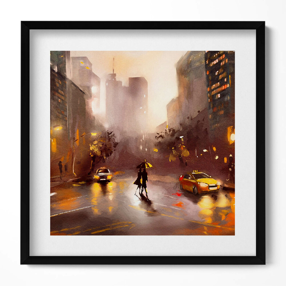 Keretezett falikép Esős városi táj ernyő alatt sétáló pár