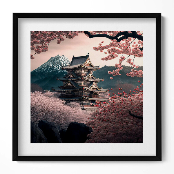 Keretezett falikép Japán templom virágzó cseresznyefákkal