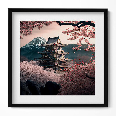 Keretezett falikép Japán templom virágzó cseresznyefákkal